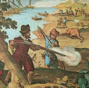 Marineros holandeses armados con mosquetes de mecha, disparando a camellos para reabastecer sus barcos
