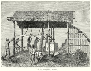 Dyaks construyendo una casa (grabado) de English School