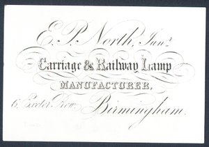 E P North, Junior, fabricante de lámparas para carruajes y ferrocarriles, tarjeta comercial