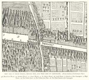 Extremo Este de High Street, Nether Bow, y Extremo Oeste de Canongate (grabado) de English School