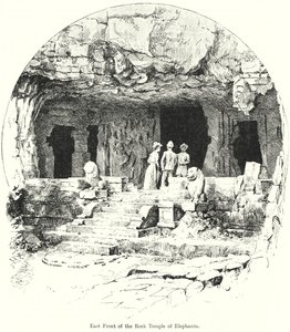 Fachada este del templo rupestre de Elefanta (grabado) de English School