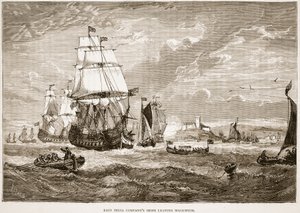 Barcos de la Compañía de las Indias Orientales saliendo de Woolwich, ilustración de Cassells Illustrated History of India de James Grant, pub. 1879