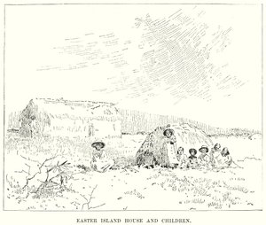 Casa y niños de la Isla de Pascua (grabado) de English School