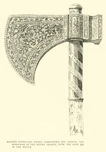 Hacha de batalla oriental, ricamente damasquinada, con el monograma del Sultán Saladino y la fecha 550 de la Hégira