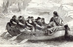 Edgar el Pacífico siendo remado por el río Dee por ocho príncipes tributarios, ilustración de 