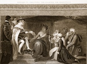 Eduardo VI otorgando la carta para hospitales, ilustración de La Historia de Inglaterra de David Hume, pub. por R. Bowyer, Londres, 1812 de English School