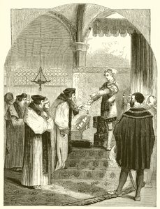 Eduardo VI presentando la orden de ejecución de Joan Bocher al Arzobispo Cranmer de English School