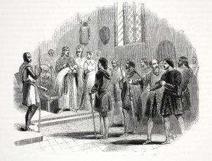 Eduardo I presentando a los jefes galeses un príncipe nacido entre ellos, en el castillo de Rhuddlan de English School