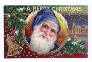 Postal navideña eduardiana de Papá Noel con muérdago y una campana, c.1910 (litografía en color)