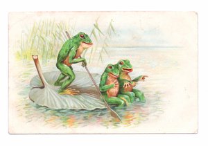 Tarjeta postal eduardiana de dos ranas sentadas en una barca de nenúfares mientras una tercera rema, c.1910 (litografía en color).