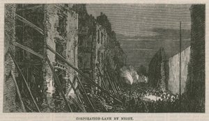 Efectos de la explosión en Clerkenwell: Corporation Lane de noche de English School