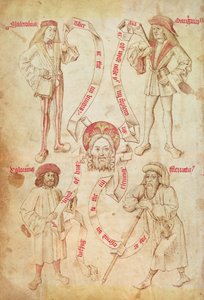 Por ejemplo, 2572 f.51v Los cuatro humores, del Libro del gremio de los barberos cirujanos de York (vitela) de English School