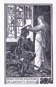 Elaine ata su manga alrededor del casco de Sir Lancelot, ilustración de "The Book of Romance" publicado por Longmans Green and Co.