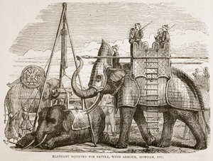 Elefante equipado para la batalla, con armadura, howdah, etc., ilustración de Cassells Illustrated History of India de James Grant, pub. 1879 de English School