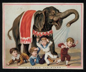 Elefante jugando a rociar a los niños con agua, tarjeta de felicitación de Navidad de English School