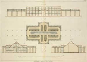 Elevaciones y plano de una casa de cristal, de Hints on the Formation of Gardens and Pleasure Grounds por John Claudius Loudon (1783-1843) publicado en 1812