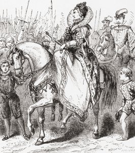 Isabel I inspeccionando sus tropas en el Puerto de Tilbury, 1588, de Ward y Locks Historia Ilustrada del Mundo, pub. c.1882 de English School