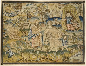 Imagen bordada: Despedida de Agar por Abraham, mediados del siglo XVII de English School