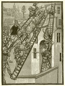 Soldados ingleses escalando una fortaleza en Gascuña, Temp. Eduardo III