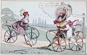 Caricatura inglesa sobre caballos de hobby en 1819 (primeras bicicletas) - en "El ciclismo teórico y práctico" por Baudry de Saulnier de English School