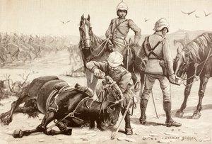 Caballería inglesa abrevando a sus caballos durante la Guerra Mahdista, Sudán, en la década de 1880 (litografía) de English School