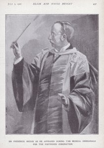 Compositor, organista y director inglés Sir Frederick Bridge ensayando para la coronación pospuesta del Rey Eduardo VII de English School