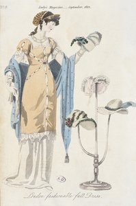 Placa de moda inglesa que representa a una joven eligiendo un sombrero, 1812
