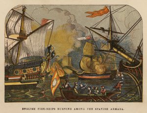 Barcos de fuego ingleses ardiendo entre la Armada española (grabado coloreado)