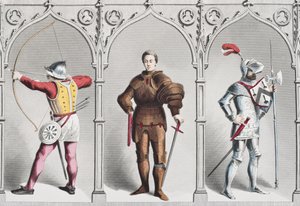 Traje militar inglés a mediados del siglo XV, de The National and Domestic History of England por William Hickman Smith Aubrey, publicado en Londres, c.1890
