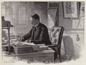 Político inglés George Curzon trabajando en su oficina en la Oficina de la India de English School