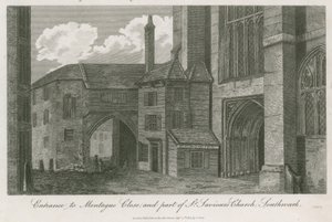 Entrada a Montague Close y parte de la Iglesia de San Salvador, Southwark, Surrey de English School
