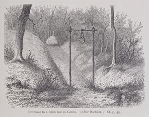 Entrada a una choza fetiche en Lunda, de La Historia de la Humanidad, Vol.1, por Prof. Friedrich Ratzel