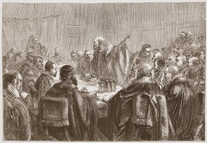 Episcopius dirigiéndose a los miembros del Sínodo de Dort, ilustración de La Historia del Protestantismo de James Aitken Wylie (1808-1890), pub. 1878 de English School