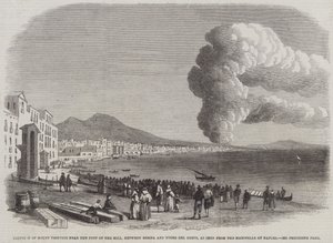 Erupción del Monte Vesubio cerca del Pie de la Colina, entre Resina y Torre del Greco, vista desde la Marinella en Nápoles (grabado) de English School