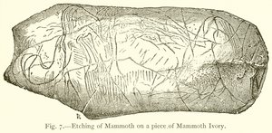 Grabado de mamut en un trozo de marfil de mamut de English School