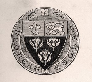 Escudo de Eton sobre un medallón con el lema de la escuela, ilustración de Memorias de Etonianos Eminentes, por Sir Edward Creasy, publicado en Londres 1876 de English School