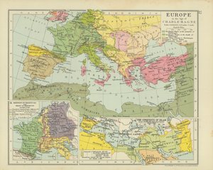 Europa en la época de Carlomagno (litografía en color) de English School