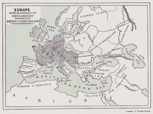 Europa, a principios del siglo IX mostrando el imperio de Carlomagno (litografía en color) de English School