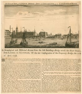 Vista exacta del Puente de Londres desde la conflagración del último puente temporal, 11 de abril de 1758 de English School