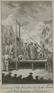 Ejecución de John Hamilton Esq por la máquina llamada La Doncella (grabado) de English School
