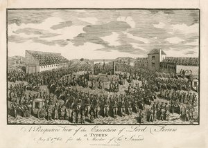 Ejecución de Lord Ferrers en Tyburn, 5 de mayo de 1760, por el asesinato de su mayordomo (grabado) de English School