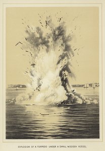 Explosión de un torpedo bajo una pequeña embarcación de madera de English School