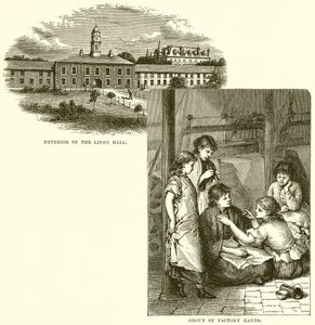 Exterior del Linen Hall. Grupo de trabajadores de fábrica de English School