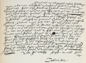 Facsímil de la escritura de Calvino, ilustración de La Historia del Protestantismo de James Aitken Wylie, pub. 1878