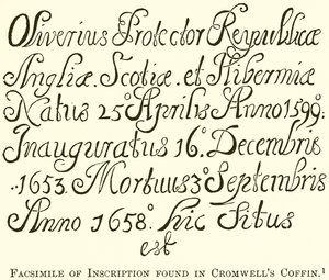 Facsímil de la inscripción encontrada en el ataúd de Cromwell de English School