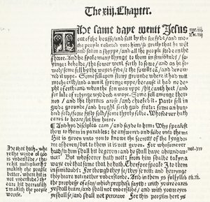 Facsímil del Evangelio de San Mateo, Capítulo XIII, versículos 1-15, del Testamento de Tyndale, ilustración de La Historia del Protestantismo de James Aitken Wylie (1808-1890), pub. 1878