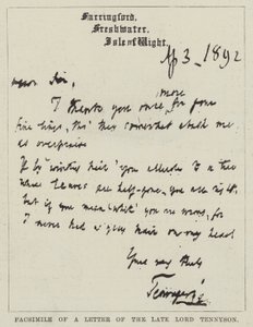 Facsímil de una Carta del difunto Lord Tennyson de English School