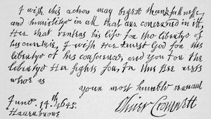 Facsímil de una parte de la carta escrita por Cromwell a Lenthall, Presidente de la Cámara de los Comunes, anunciando la victoria de Naseby