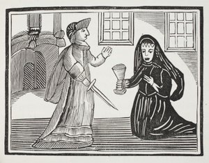 La bella Rosamond siendo envenenada por la reina Eleanor, ilustración de Chap-books del siglo XVIII de John Ashton, pub. 1882 de English School