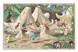 Hadas y duendes bailando, tarjeta de Navidad de English School